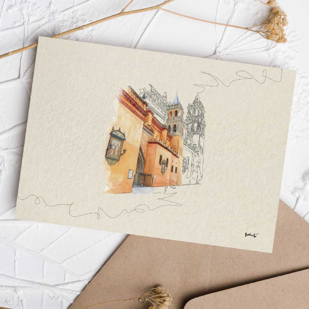 Colección de invitaciones de boda con ilustraciones artísticas de iglesias de Sevilla (Macarena, Gran Poder, Triana). Papelería nupcial clásica de Gallarte.