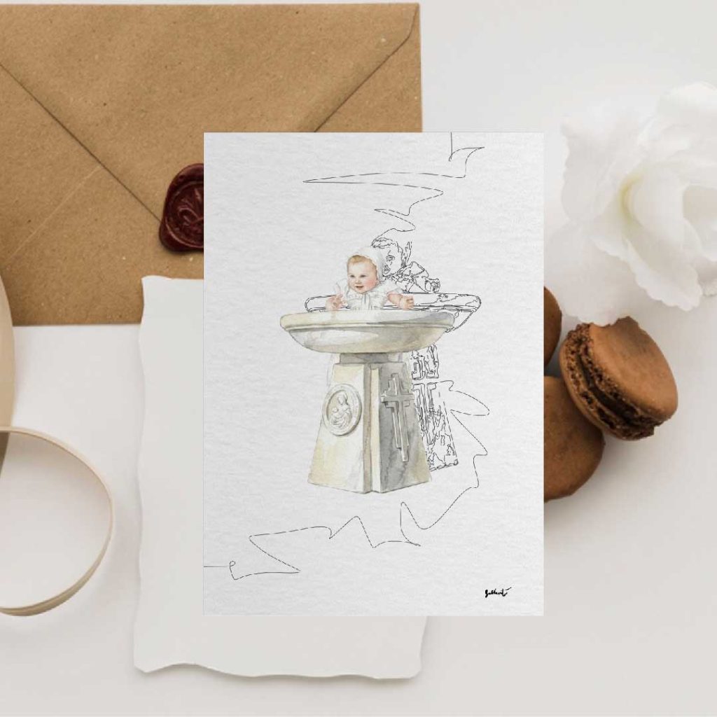 Invitaciones y papelería para bautizo elegante con ilustraciones originales. Natalicios y detalles para invitados.